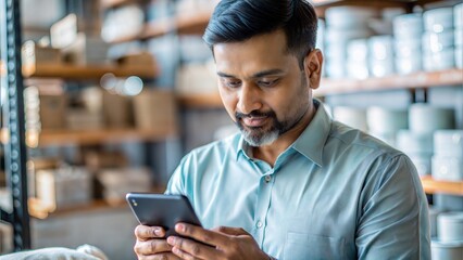 Indian Store Owner Using Smartphone for Stock Management
