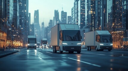 Obraz premium Electric delivery trucks cruise through a modern cityscape at night, representing sustainable urban transportation and clean energy solutions.