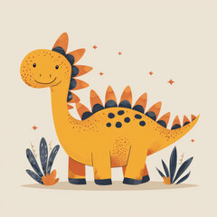 Naklejka premium Cute kids drawing of cheerful dinosaur, featuring friendly stegosaurus with vibrant colors and playful details, surrounded by plants and stars