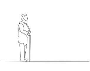 Continuous one line drawing of grandmother walking with a walker. One line drawing illustration of old woman use stick walker. International patient safety day concept line art. Editable outline