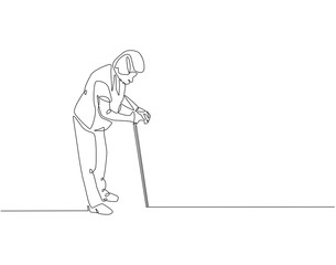 Continuous one line drawing of grandmother walking with a walker. One line drawing illustration of old woman use stick walker. International patient safety day concept line art. Editable outline