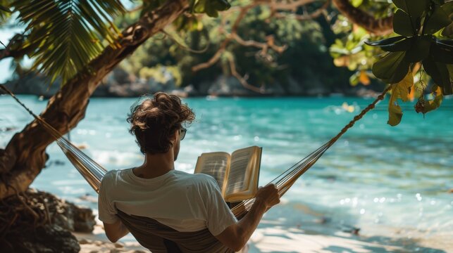 Man sitting in a hammock reading a book, relaxing on a sandy beach, travel concept