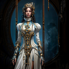 Obraz premium Teenage Girl wearing Victorian white dress with many Steampunk details on it in mainly Brass with few Blue Gem stones on a dark background