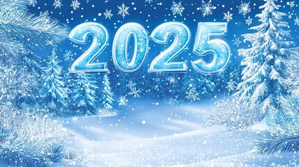Winter wonderland with sparkling snowflakes and festive 2025 display in a serene forest landscape during a snowy evening