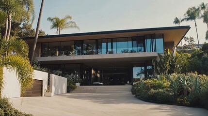 Fototapeta premium Modern hillside residence surrounded by lush greenery and palm trees in a sunny location