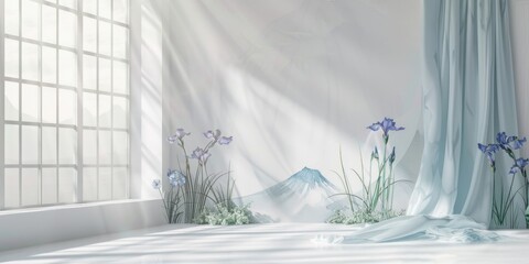 white room large space blue and white concept, mount fuji