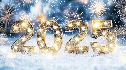 Festive New Year decoration with sparkling numbers 2025 amidst fireworks in a snowy landscape welcoming the arrival of a new year