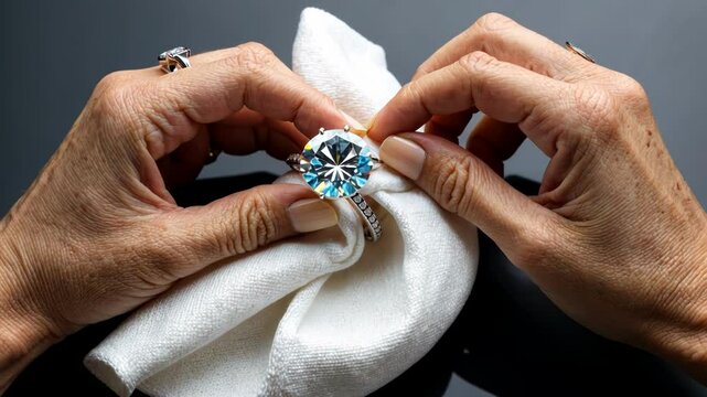 Close up of hands cleaning a sparkling diamond ring, highlighting craftsmanship and luxury with a focus on texture and details