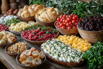 Brunch spread with a variet of dishes pastries. Village Breakfast with pastries, vegetables, greens, spreads, cheeses, fried eggs, jams.
