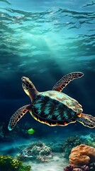 Obraz premium Sea turtle swims through a coral reef.