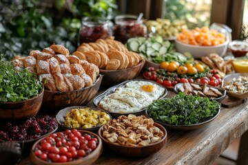 Brunch spread with a variet of dishes pastries. Village Breakfast with pastries, vegetables, greens, spreads, cheeses, fried eggs, jams.