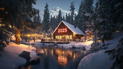 Obraz premium Cozy winter cabin in the snowy woods with festive lights and reflections at night, welcoming the new year in 2025