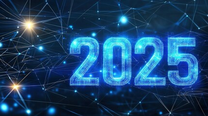 Digital representation of the year 2025 with glowing blue connections against a dark background