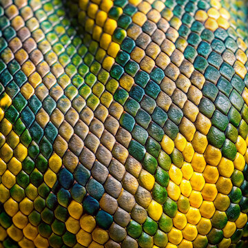Close-up of carpet python skin texture displaying vibrant green and yellow patterns