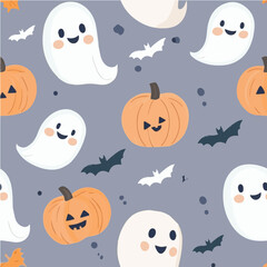 Cute Halloween vector seamless pattern of smiling ghosts and pumpkins