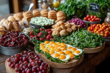 Fototapeta premium Brunch spread with a variet of dishes pastries. Village Breakfast with pastries, vegetables, greens, spreads, cheeses, fried eggs, jams.