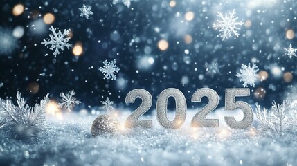 Creative winter landscape featuring sparkling snowflakes and the year 2025 illuminated on a festive background