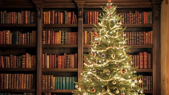 A cozy Christmas scene featuring a beautifully decorated tree beside a library full of books, evoking warmth and festive spirit