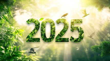 A vibrant representation of nature with the year 2025 symbolized by lush greenery and birds in a sunlit forest