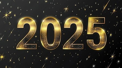 Golden 2025 with sparkling stars in a celebratory design against a dark background, perfect for New Year festivities and events