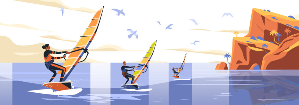 Windsurfers on ocean near cliffs with palm trees and seagulls in sky water sports adventure landscape
