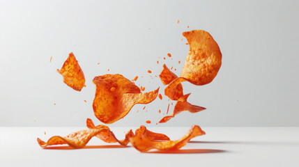 Peri Peri Fruit chips, crispy, falling on a plain white background. Hyperrealistic, cinematic and high quality