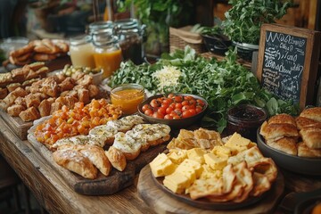 Fototapeta premium Brunch spread with a variet of dishes pastries. Village Breakfast with pastries, vegetables, greens, spreads, cheeses, fried eggs, jams.