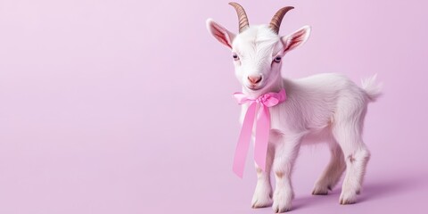 Playful Baby Goat with Pink Ribbon on Horn against Pastel Purple Background