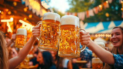 A group of friends raises large beer mugs in celebration at an outdoor festival - Oktoberfest concept