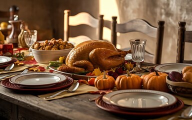 Naklejka premium Generative-AI, Rustic Harvest Feast Spread with Traditional Thanksgiving Dishes and Seasonal Decor