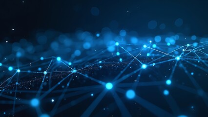 Abstract illustration featuring plexus blue geometrical shapes, representing connection and web concept, with digital communication and technology network background comprising moving lines and dots.