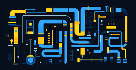 Abstract Industrial Pipe System in Blue and Yellow on Dark Background