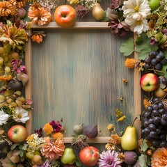 Autumn still life with  retro wooden frame, apples and grapes.