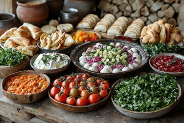 Brunch spread with a variet of dishes pastries. Village Breakfast with pastries, vegetables, greens, spreads, cheeses, fried eggs, jams.