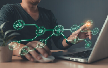 Sustainable business investments.hand touch hologram screen to save energy,and reduce global warming,carbon credit,eco-friendly investment,ESG for Environment Social and Governance.