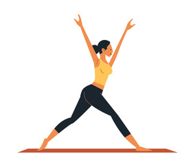 Woman practicing yoga in warrior pose on mat fitness exercise healthy lifestyle flat design