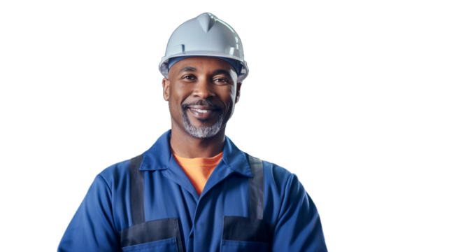 Portrait of construction worker in hardhat on transparent background PNG.
