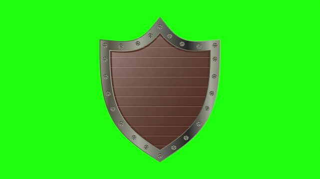 Wooden shield with steel frame animation. Medieval shield. Cartoon shield. UI award badge. Motion graphic. 4K animation