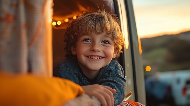 A joyful boy beams from a vintage van, surrounded by colorful decor and a vibrant sunset.