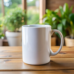 Obraz premium a solid white mug 15 Oz table for mockups