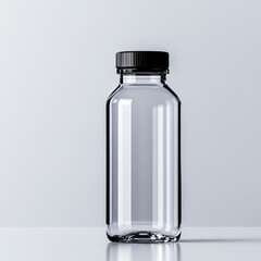 A clear glass bottle with a black lid, ideal for beverages, condiments, or storage. Perfect for minimalistic designs.