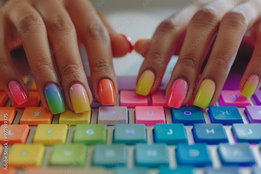 Wall mural a woman is typing on a keyboard with colorful fingernails