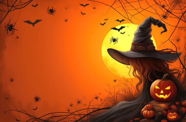Halloween composition with black spiders, web, bats, pumpkin, witch hat on orange background.