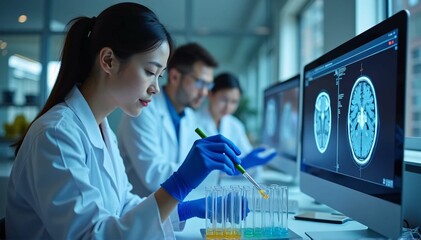 Asian female physician use test tubes to investigate the impact of novel Alzheimer's medication. Biotechnology Advanced Laboratory. Turning To See Coworkers Talking About CT Brain Scans on a Computer.