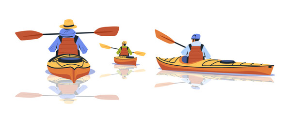 Kayakers paddling on calm water wearing life jackets and helmets vibrant colors reflecting in water outdoor adventure recreation