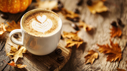Warm, inviting coffee cup with latte art, surrounded by autumn leaves and coffee beans on rustic wooden table
