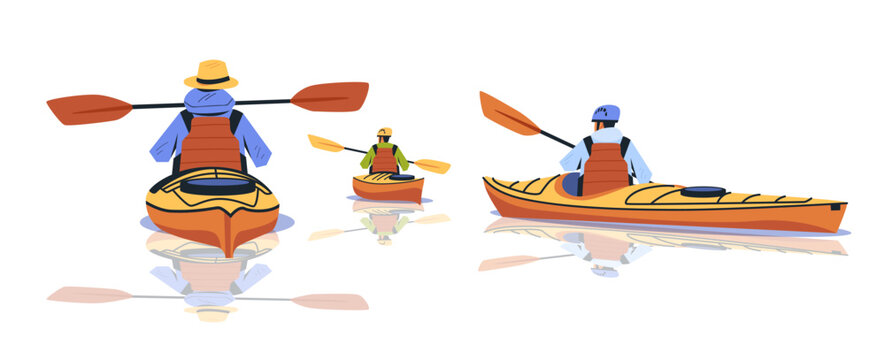 Kayakers paddling on calm water wearing life jackets and helmets vibrant colors reflecting in water outdoor adventure recreation