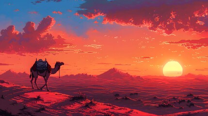 A pixelated camel trekking across a pixelated. AI generated