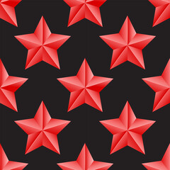 Obraz premium Beautiful voluminous red stars on a black background. Seamless pattern, print, vector illustration