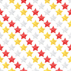 Beautiful voluminous red, gold and silver stars on a white background. Seamless pattern, print, vector illustration